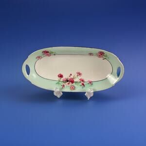 PM Bavaria Porcelain Handled Tray Mint Green Pink Carnations 11.5” Antique Plate